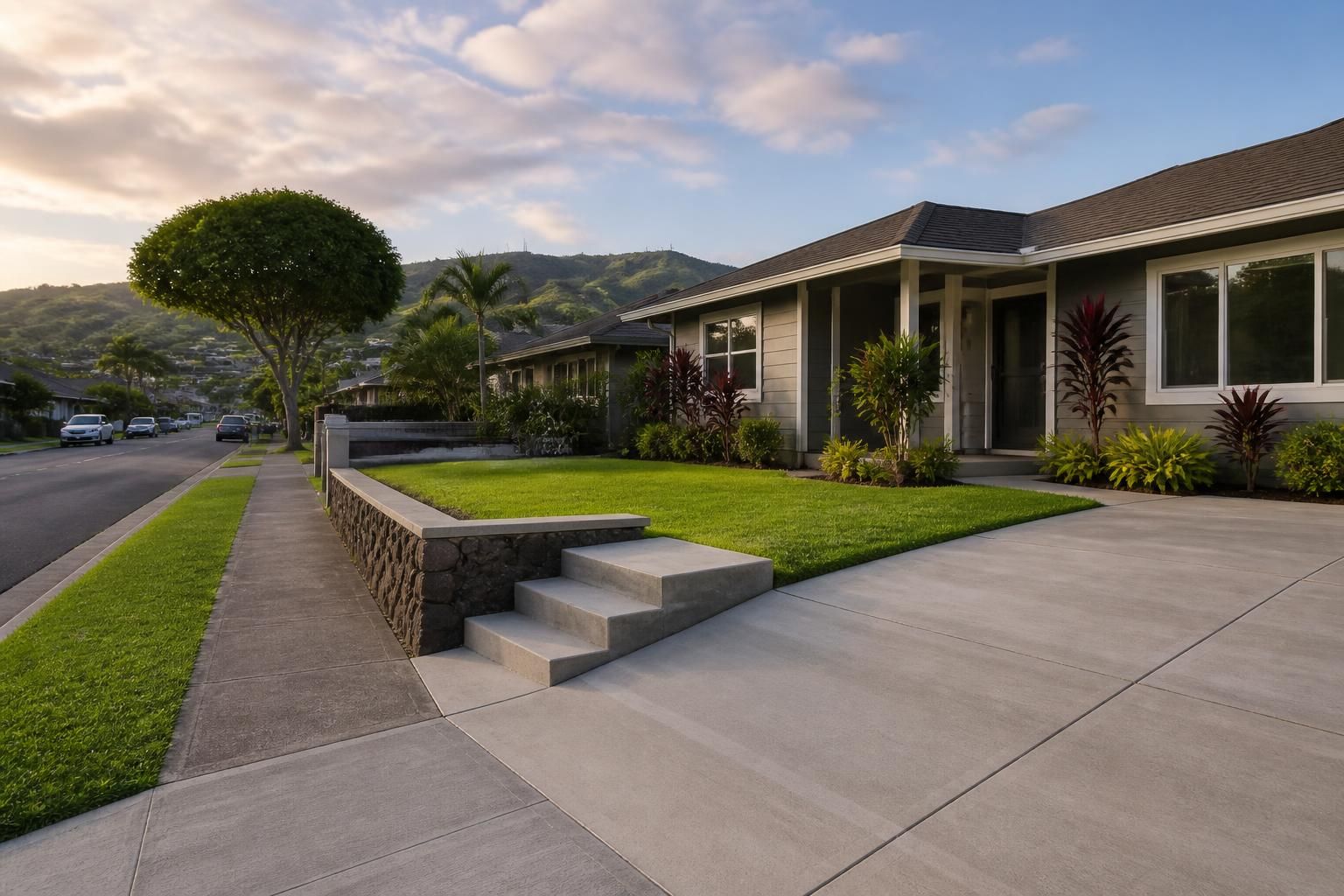 Aiea neighborhood with manicured yards and fresh hardscaping.