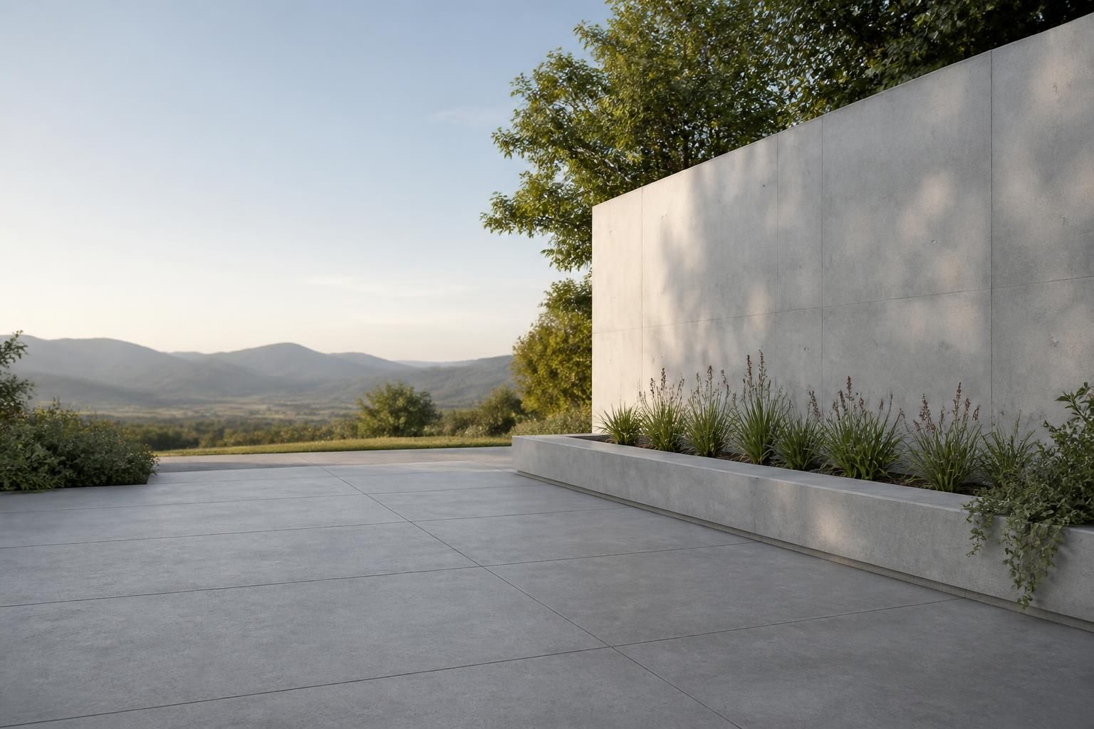 Open concrete patio with calm light and space for website text.
