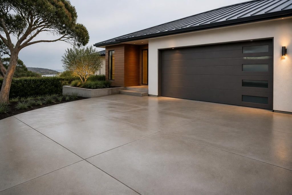 Finished concrete driveway in front of a modern home under natural light.