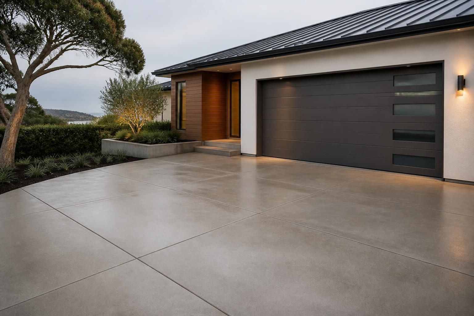 Finished concrete driveway in front of a modern home under natural light.