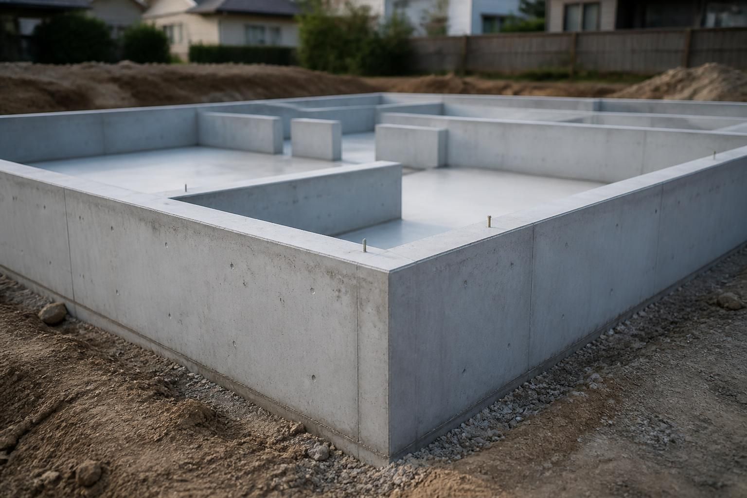 Finished concrete foundation on a clean residential build site.
