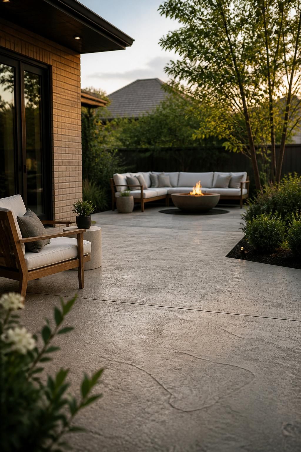 Finished concrete patio with subtle stamped texture in a backyard setting.