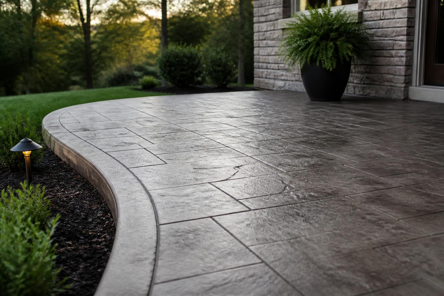Completed concrete patio with a subtle stamped finish.