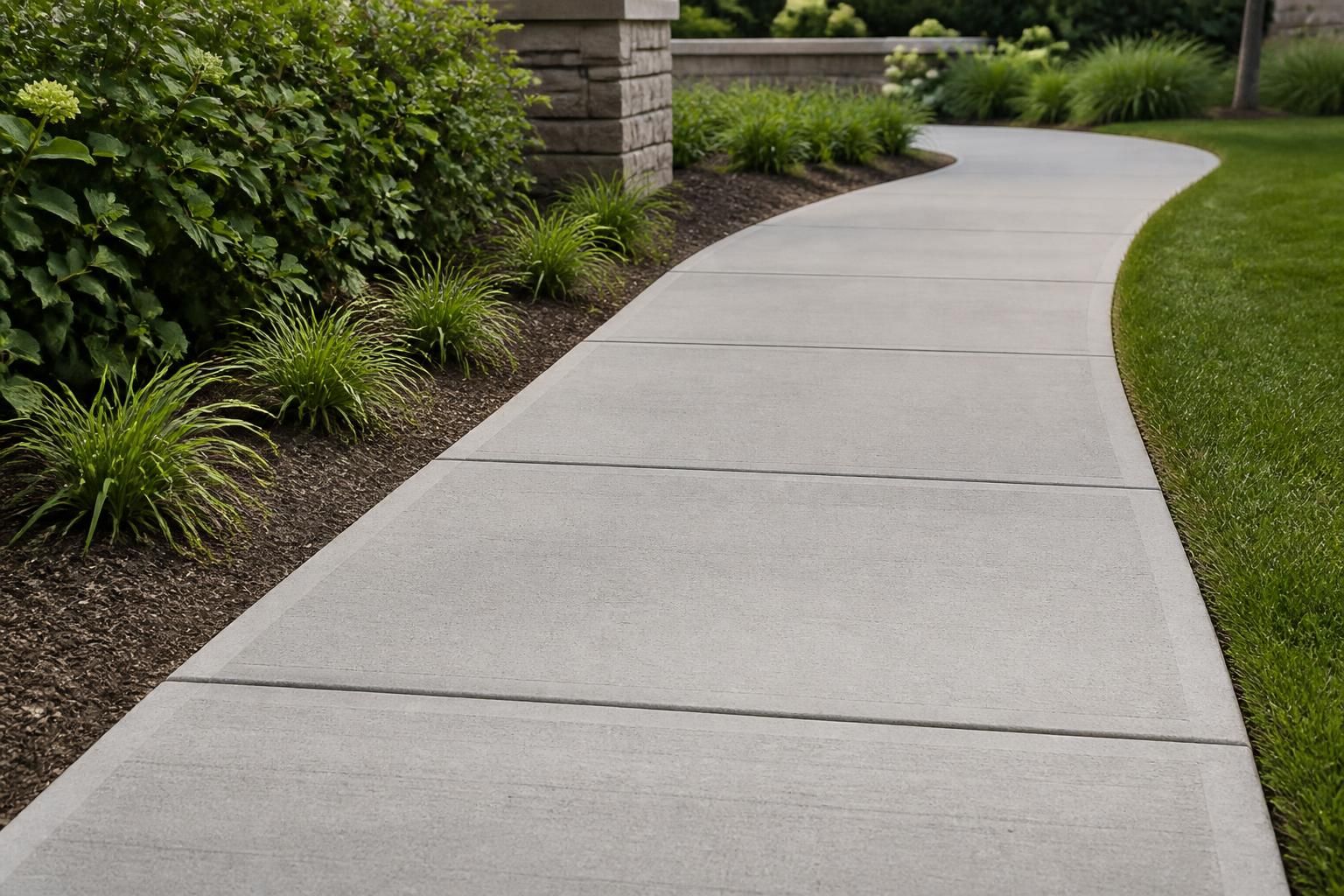 Finished concrete sidewalk beside a landscaped walkway.