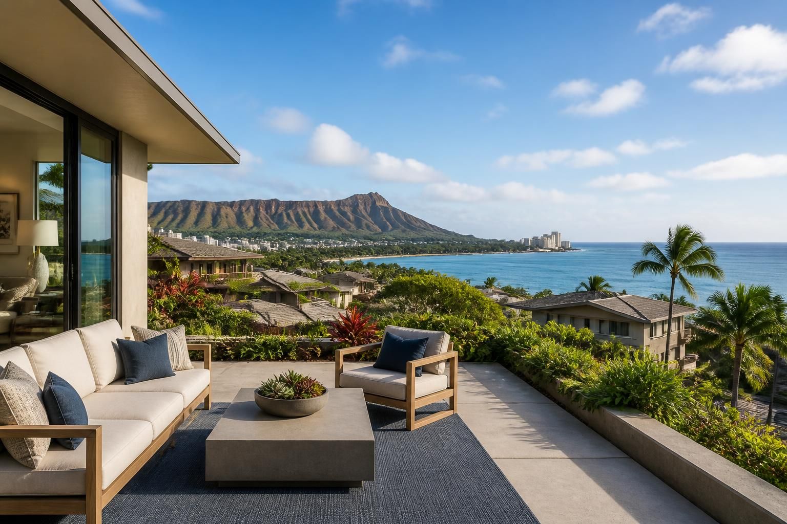 Diamond Head homes with bright sky and clean patios.