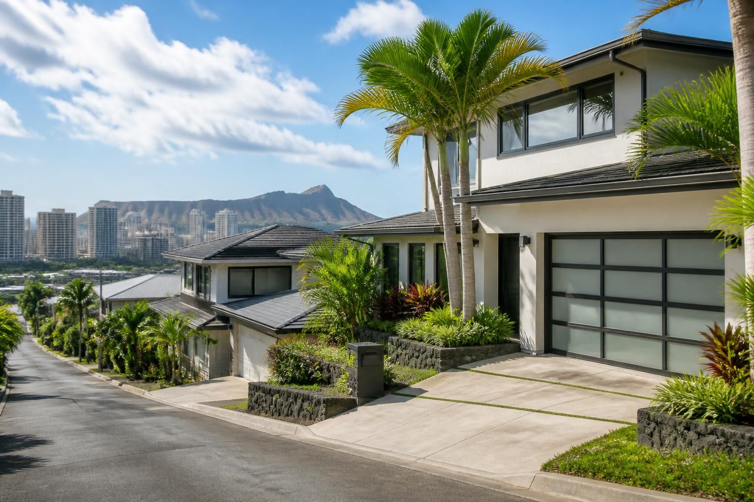 Honolulu neighborhood with modern homes and clean tropical landscaping.