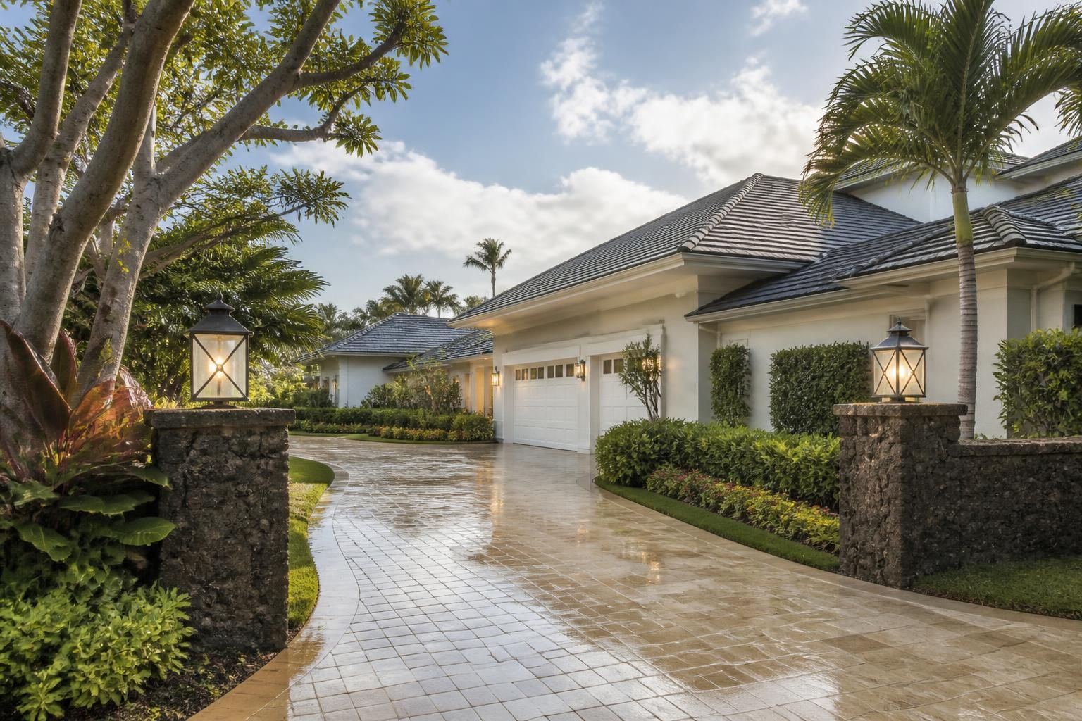 Kahala residential street with elegant homes and tropical landscaping.