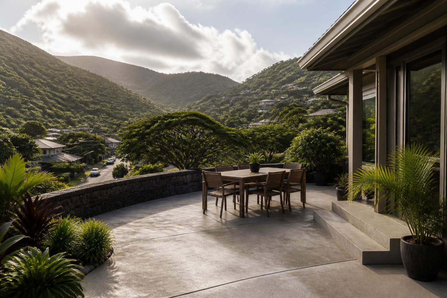 Manoa neighborhood with green hillsides and quiet streets.