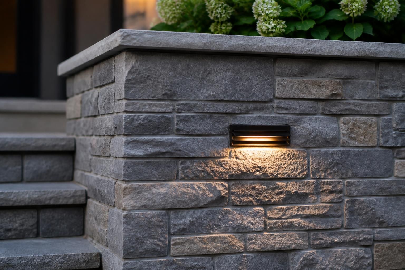 Finished stone masonry feature with clean mortar lines.