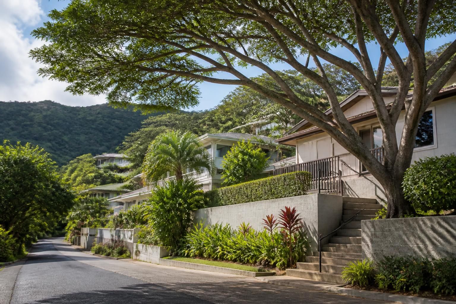 Nuuanu hillside neighborhood with trees and retaining walls.