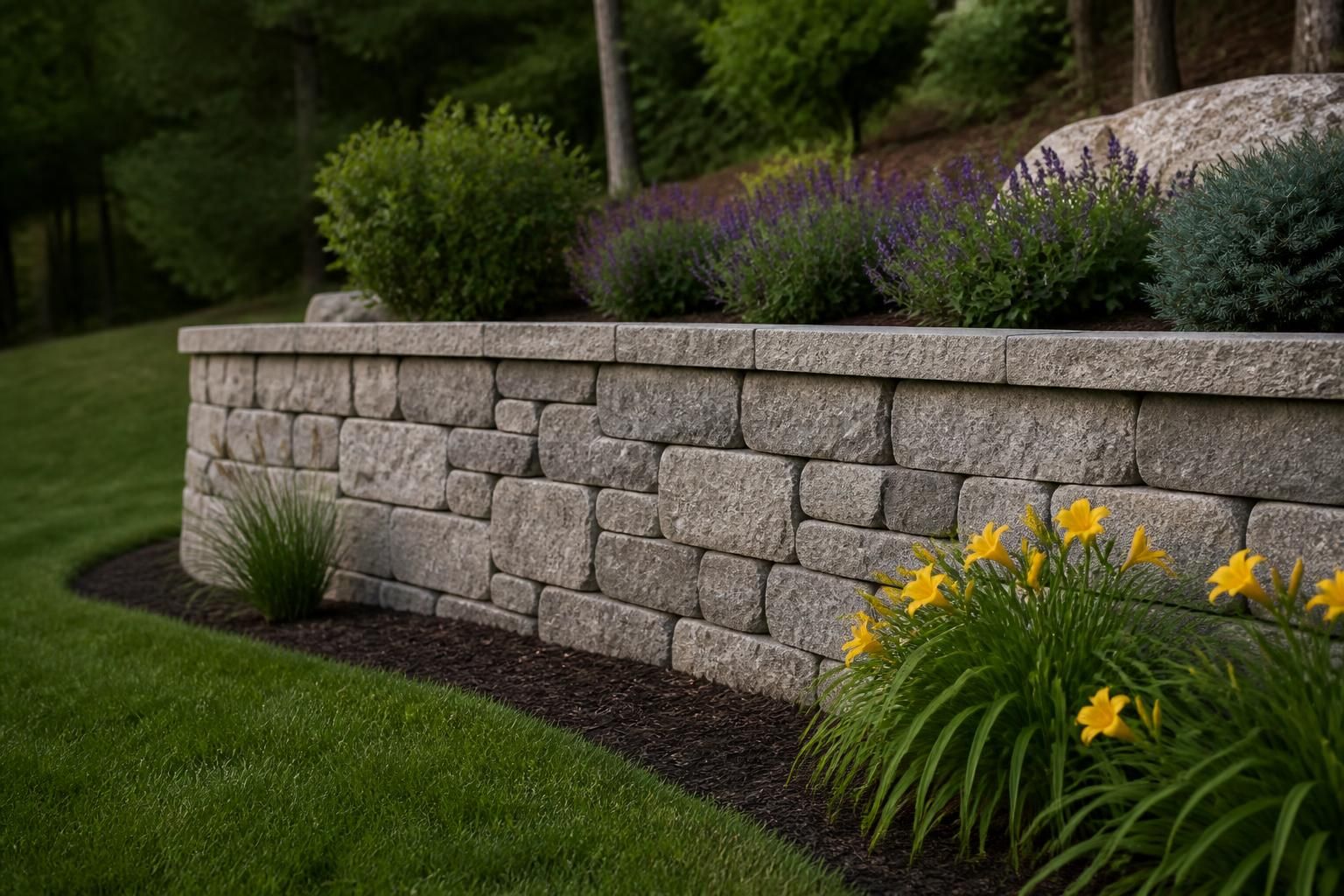 Completed retaining wall built into a landscaped hillside.