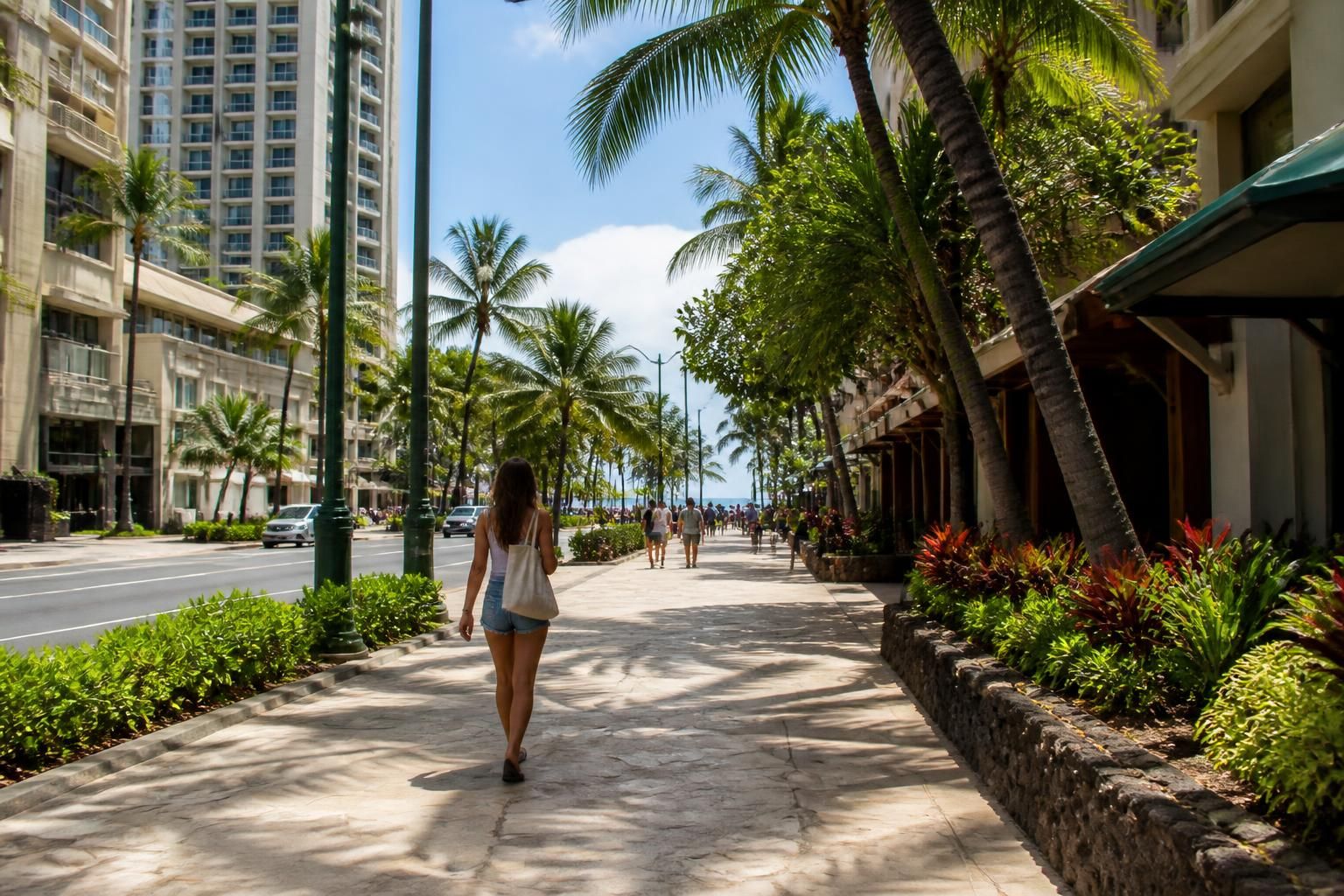 Waikiki streetscape with tropical palms and clean walkways.