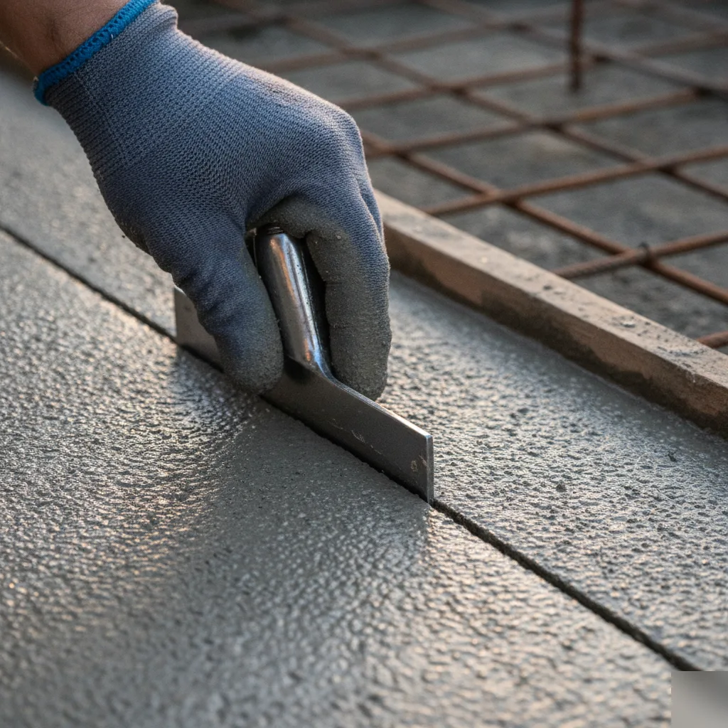 Hand tooling a control joint into wet concrete patio slab in Honolulu