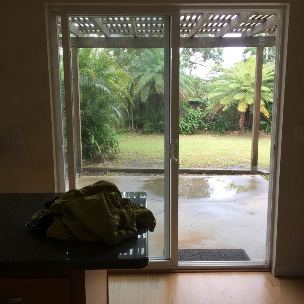 View through sliding door of a rain-dampened concrete patio in Honolulu