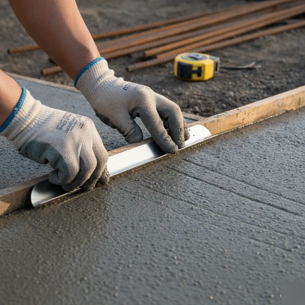 Edging tool shaping wet concrete walkway edge on Honolulu job site