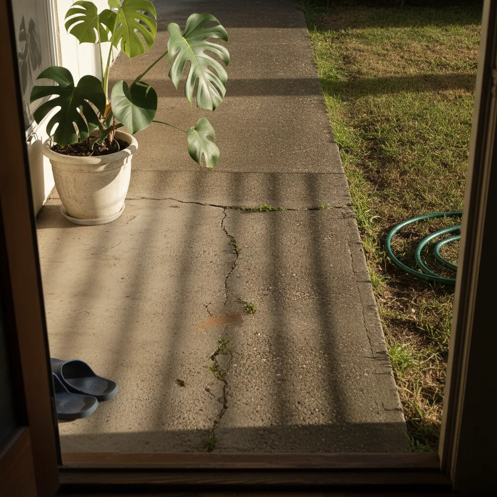 Cracked concrete walkway seen from Honolulu home lanai doorway