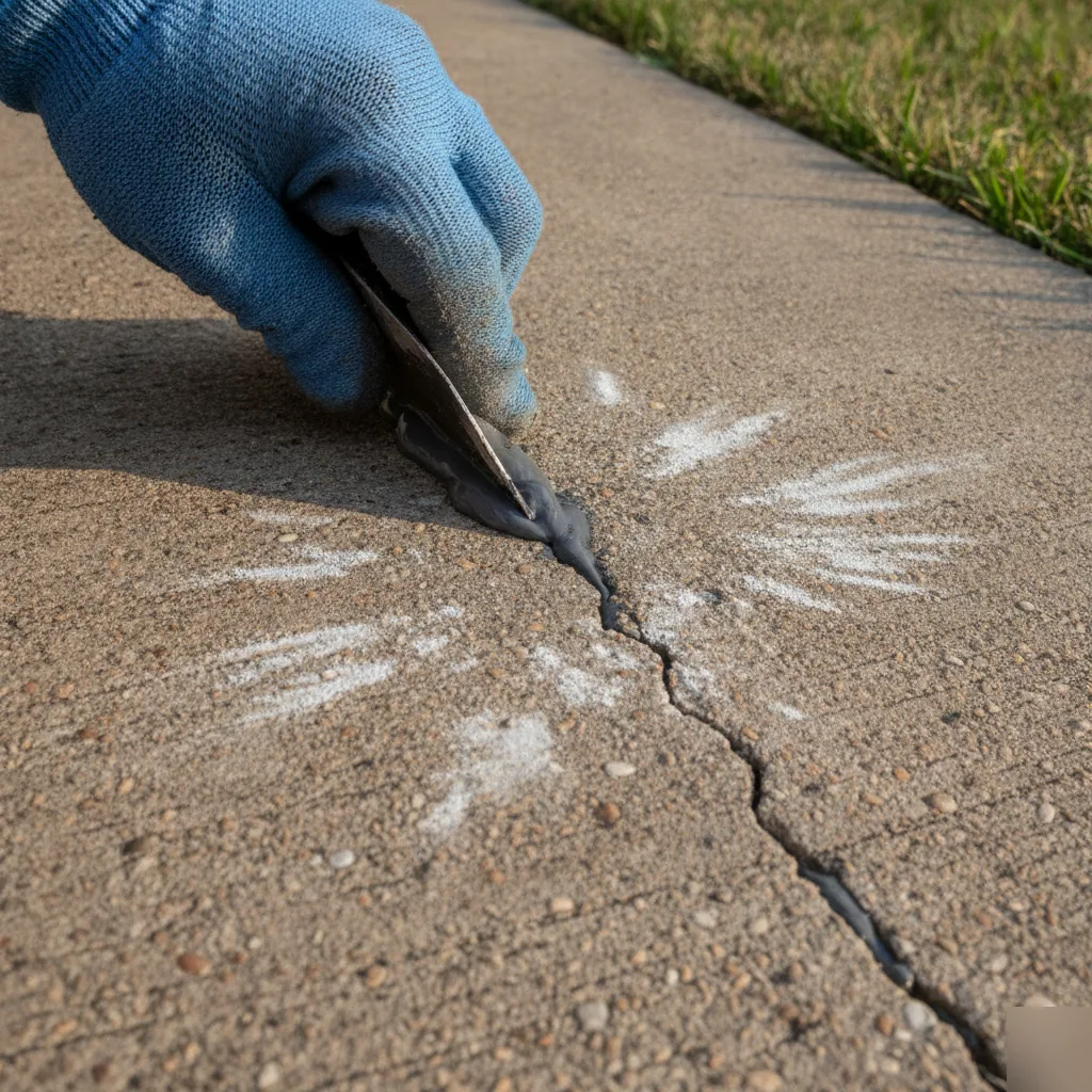 Hand filling a hairline crack in a Honolulu concrete driveway with patch compound