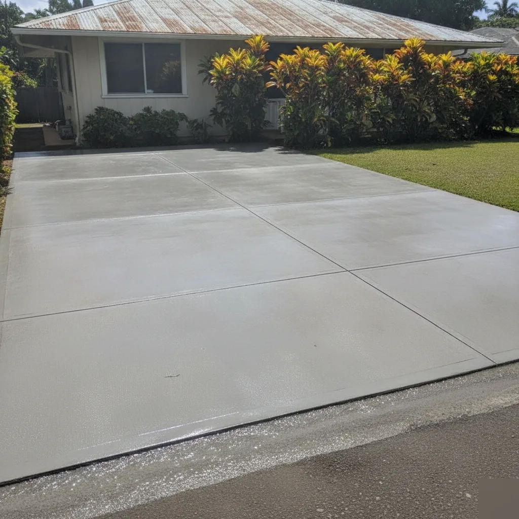 Repaired concrete driveway with smooth finish at a Honolulu home