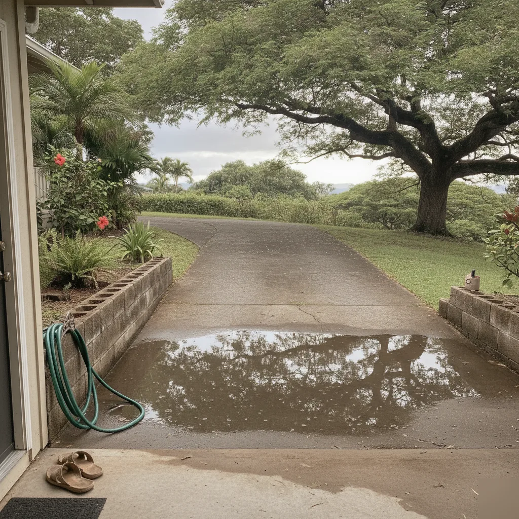 Pooled water on a sunken driveway slab outside a Honolulu home